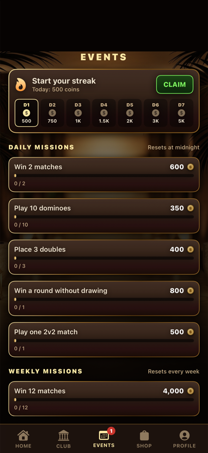 The events screen showing the seven day login ladder and daily missions.